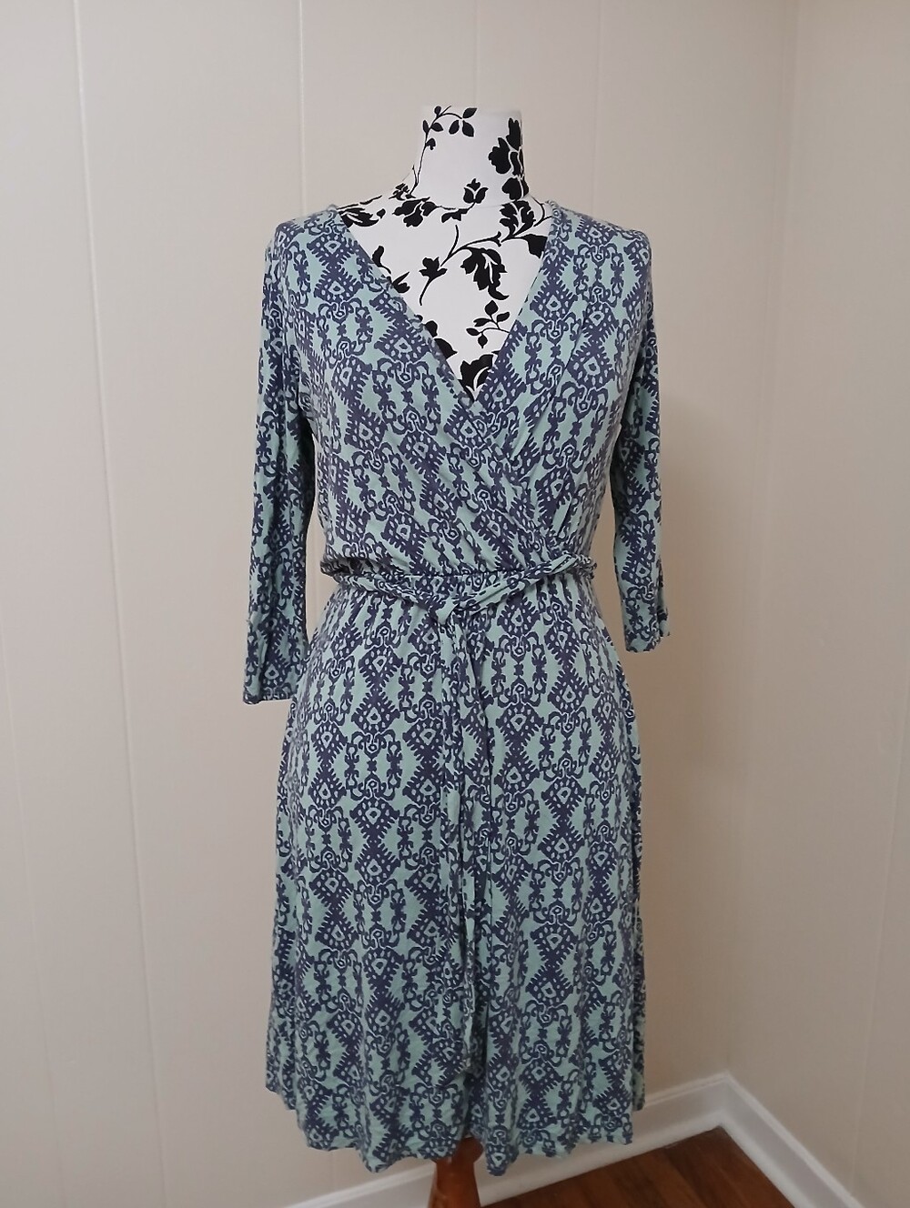 Pixley Light Blue and Navy Printed Faux Wrap Dress